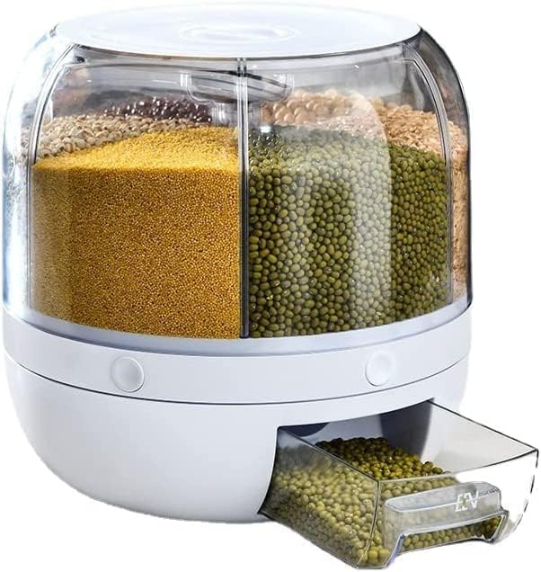 6-Grid Rotating Food Dispenser - Rice Bucket Storage Tank, Cereal Dispenser, Stackable Containers, One-Click Rice Picking, White