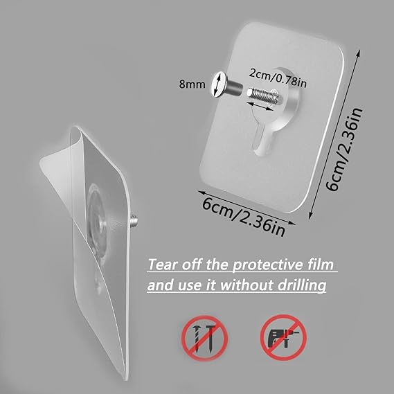 Photo Frame Hooks for Wall Without Drilling, 10 Pack Self Adhesive Hooks for Wall Heavy Duty Strong Nail Free for Hanging Photo Frame (Hanging Hook, Transparent) Stainless Steel