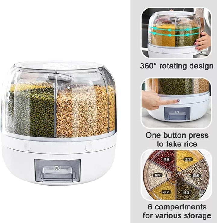 6-Grid Rotating Food Dispenser - Rice Bucket Storage Tank, Cereal Dispenser, Stackable Containers, One-Click Rice Picking, White