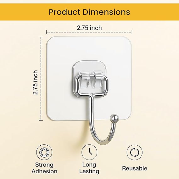 Photo Frame Hooks for Wall Without Drilling, 10 Pack Self Adhesive Hooks for Wall Heavy Duty Strong Nail Free for Hanging Photo Frame (Hanging Hook, Transparent) Stainless Steel