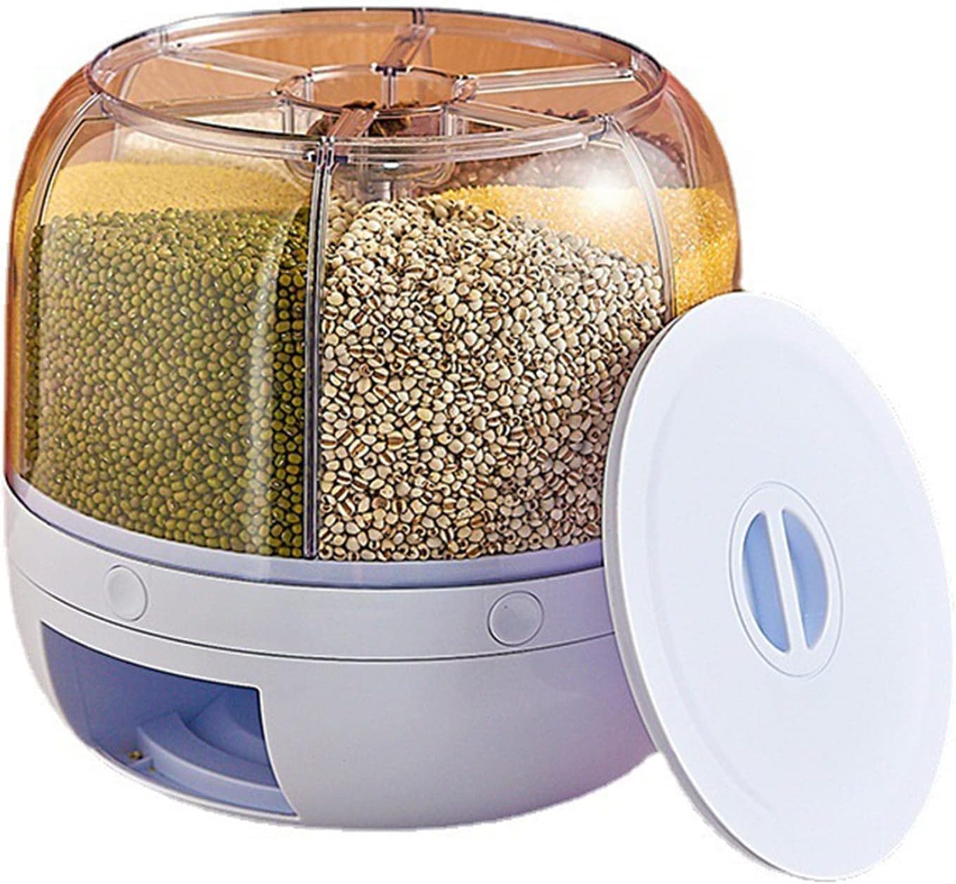 6-Grid Rotating Food Dispenser - Rice Bucket Storage Tank, Cereal Dispenser, Stackable Containers, One-Click Rice Picking, White