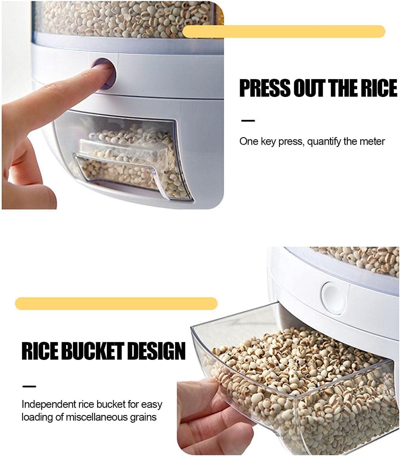 6-Grid Rotating Food Dispenser - Rice Bucket Storage Tank, Cereal Dispenser, Stackable Containers, One-Click Rice Picking, White