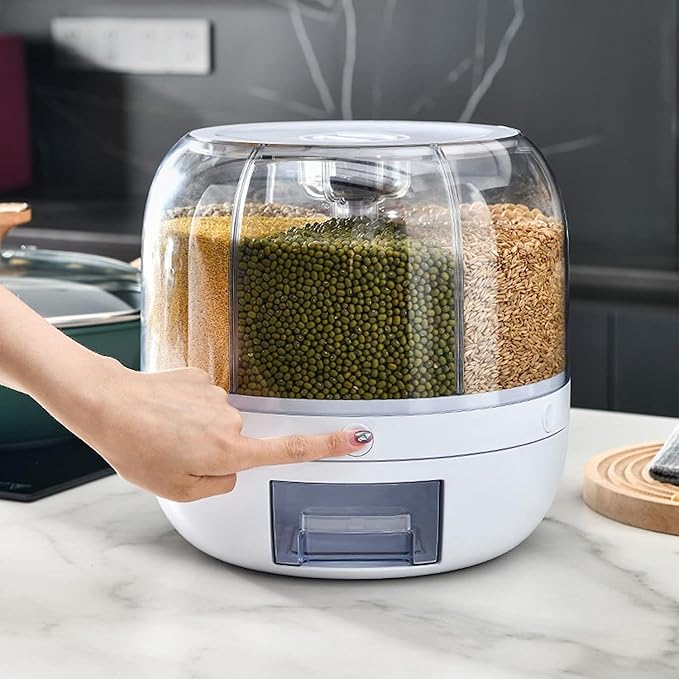 6-Grid Rotating Food Dispenser - Rice Bucket Storage Tank, Cereal Dispenser, Stackable Containers, One-Click Rice Picking, White