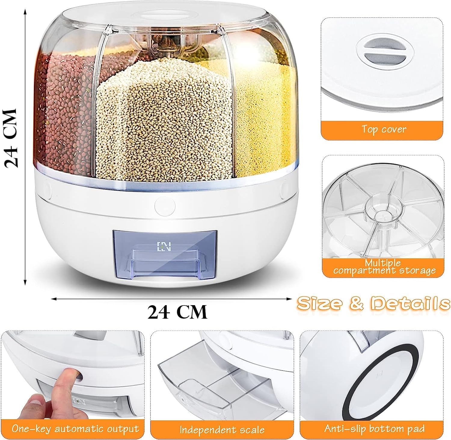 6-Grid Rotating Food Dispenser - Rice Bucket Storage Tank, Cereal Dispenser, Stackable Containers, One-Click Rice Picking, White