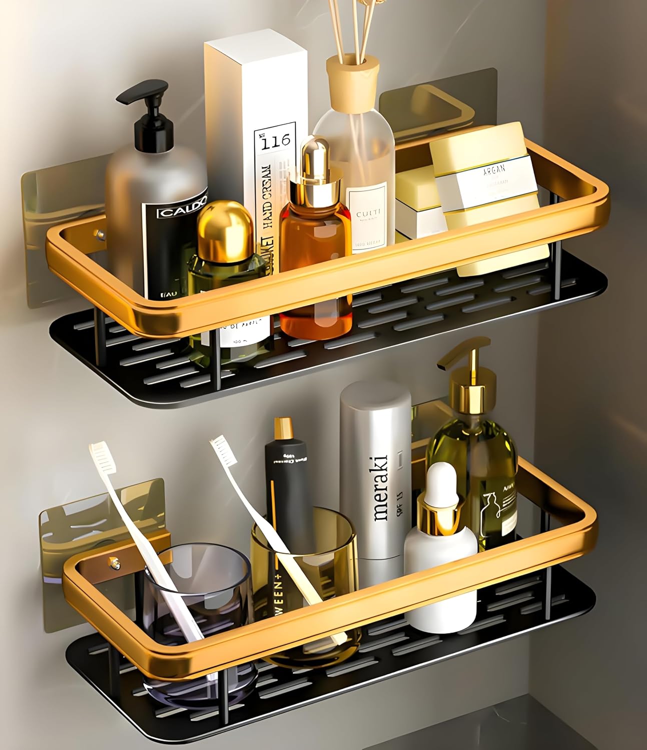 Self-Adhesive Aluminium Bathroom Wall Mounted Storage (Pack of 2, Gold)