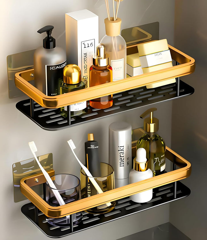 Self-Adhesive Aluminium Bathroom Wall Mounted Storage (Pack of 2, Gold)