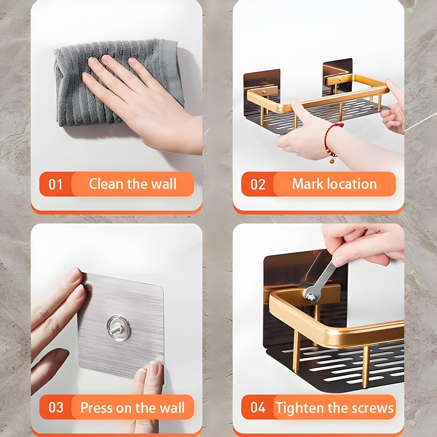 Self-Adhesive Aluminium Bathroom Wall Mounted Storage (Pack of 2, Gold)