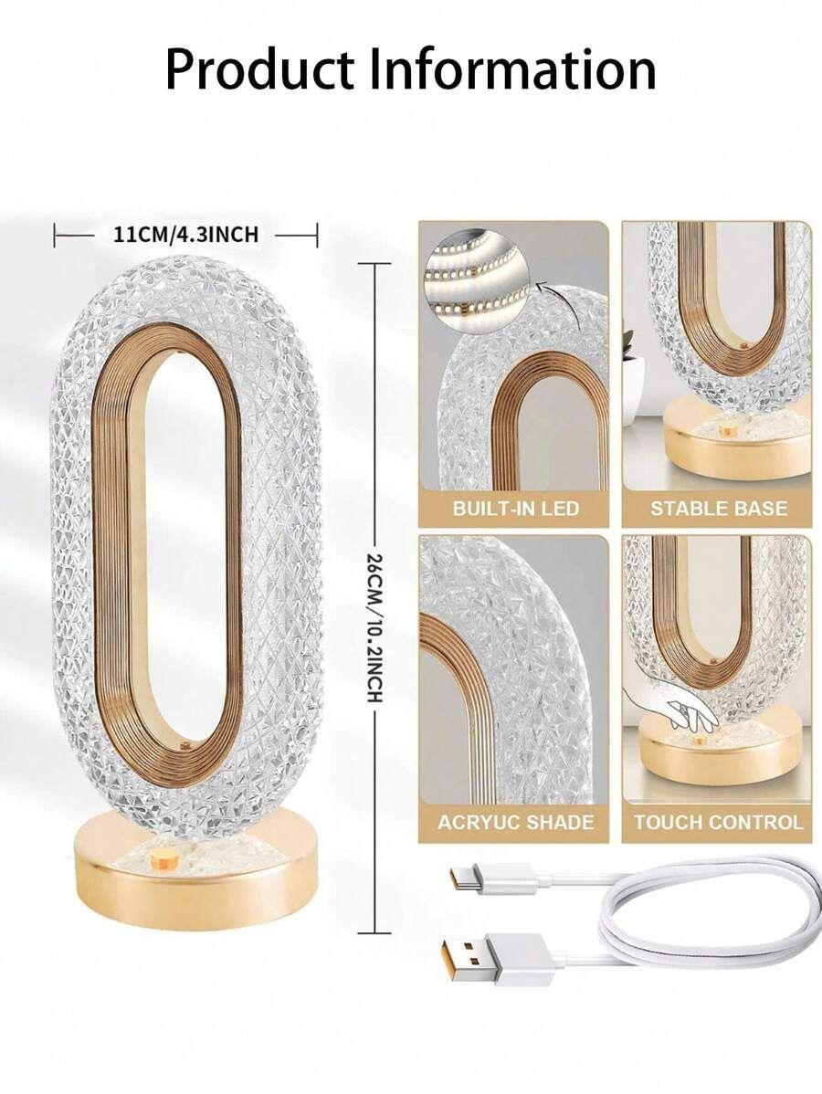 Crystal Diamond Table Lamp, Touch Control, 3 Way Dimmable, USB Rechargeable